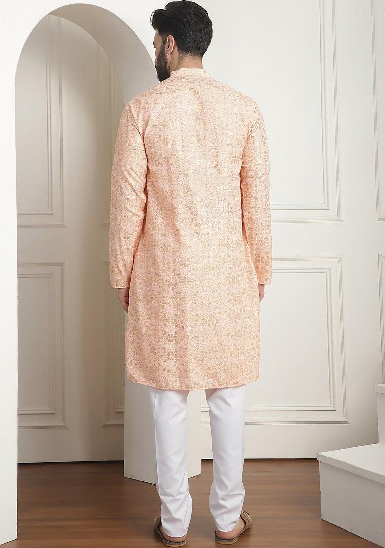 Peach Ethnic Motifs Cotton Kurta Set For Men