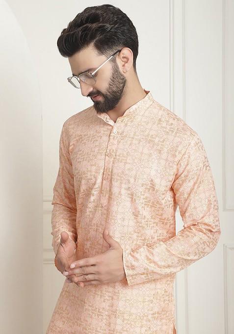 Peach Ethnic Motifs Cotton Kurta Set For Men