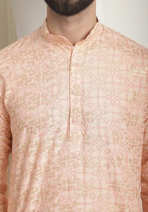 Peach Ethnic Motifs Cotton Kurta Set For Men