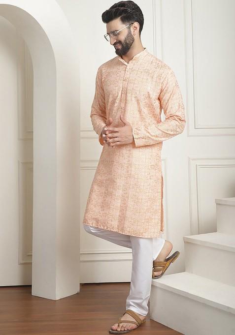 Peach Ethnic Motifs Cotton Kurta Set For Men