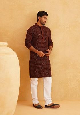 Coral Pink Thread Work Cotton Kurta Set For Men