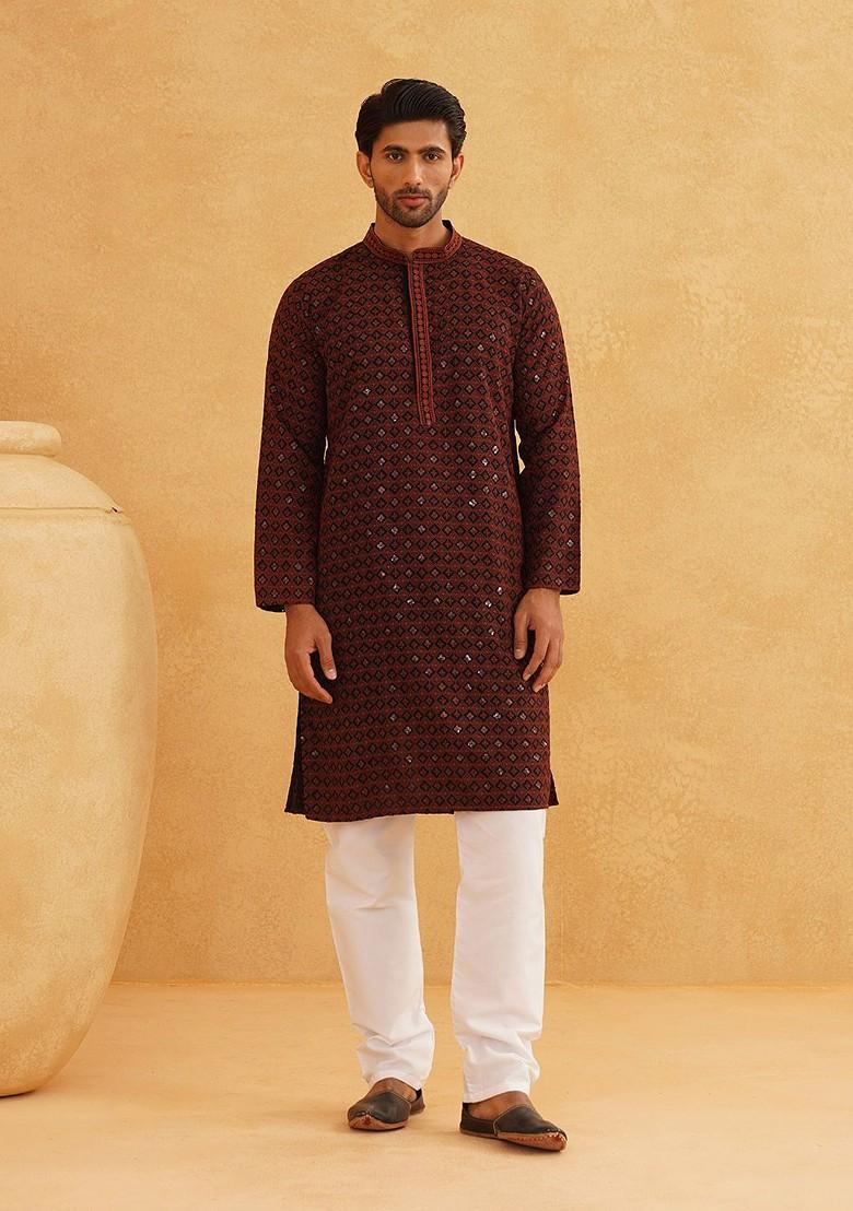 Coral Pink Thread Work Cotton Kurta Set For Men