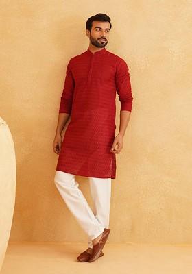 Maroon Thread Work Cotton Kurta Set For Men