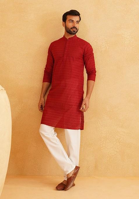 Maroon Thread Work Cotton Kurta Set For Men