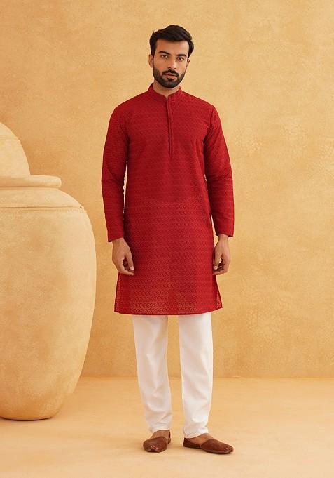 Maroon Thread Work Cotton Kurta Set For Men