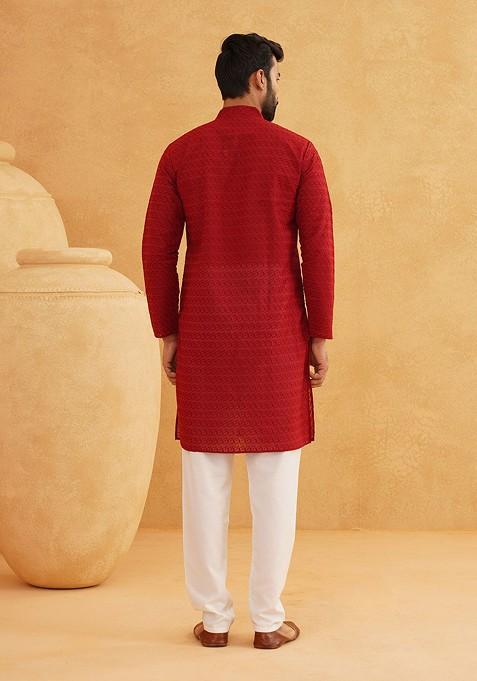 Maroon Thread Work Cotton Kurta Set For Men