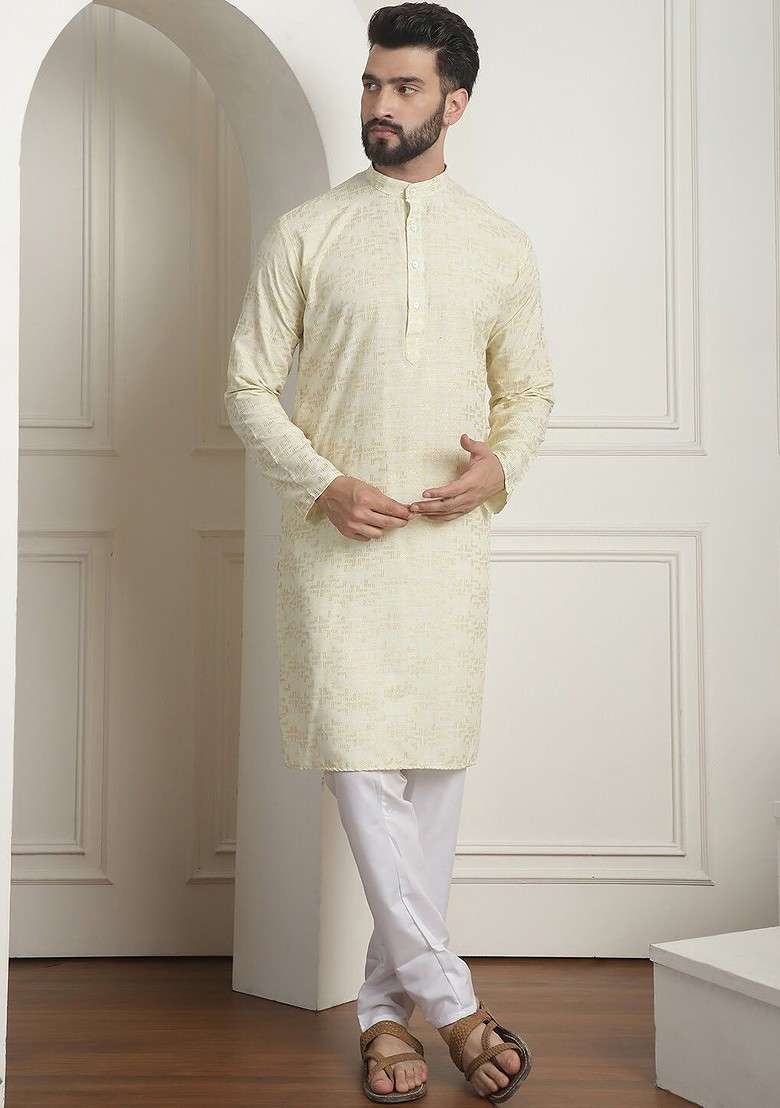 Yellow Printed Cotton Kurta Set For Men - Indya