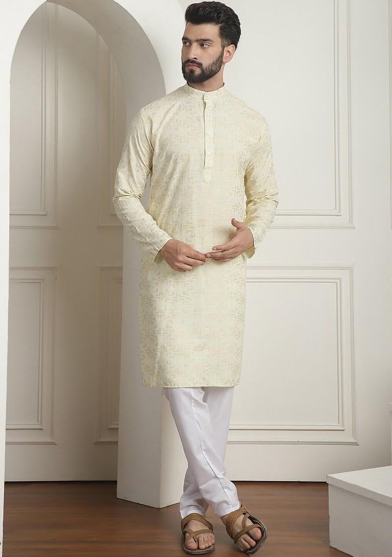 Yellow Printed Cotton Kurta Set For Men