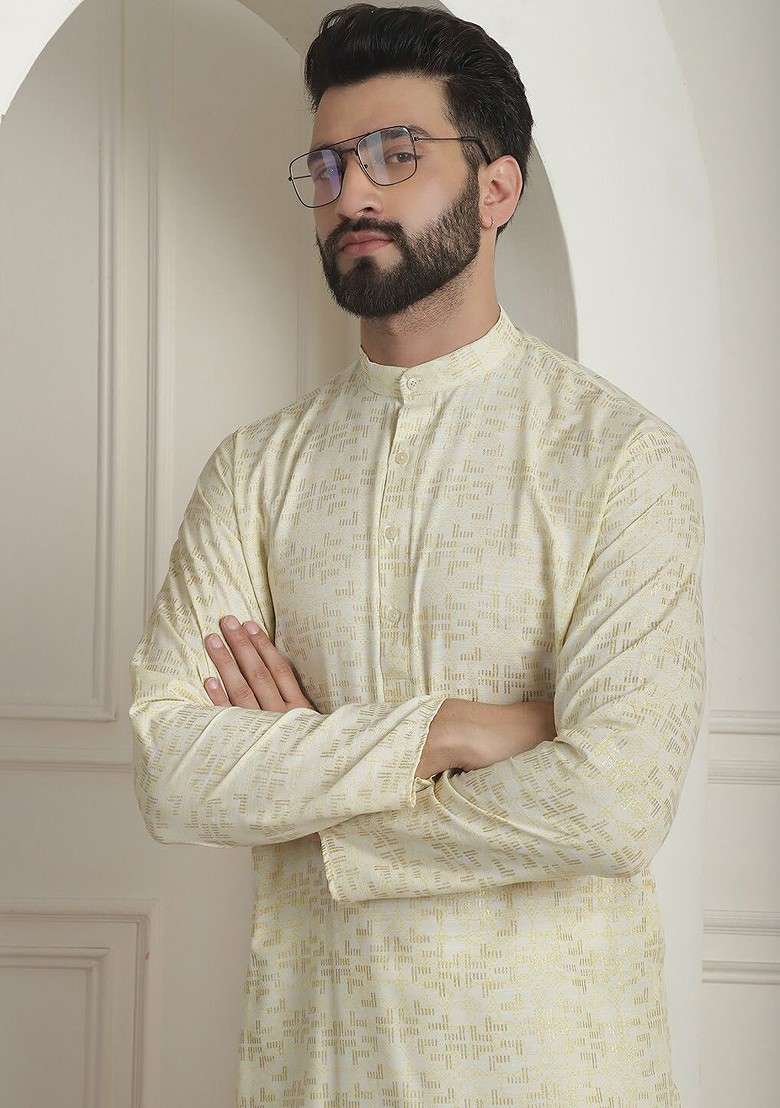 Yellow Printed Cotton Kurta Set For Men - Indya