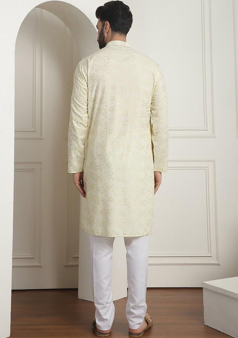 Yellow Printed Cotton Kurta Set For Men