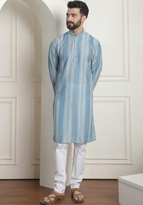 Teal Blue Striped Poly Blend Kurta Set For Men