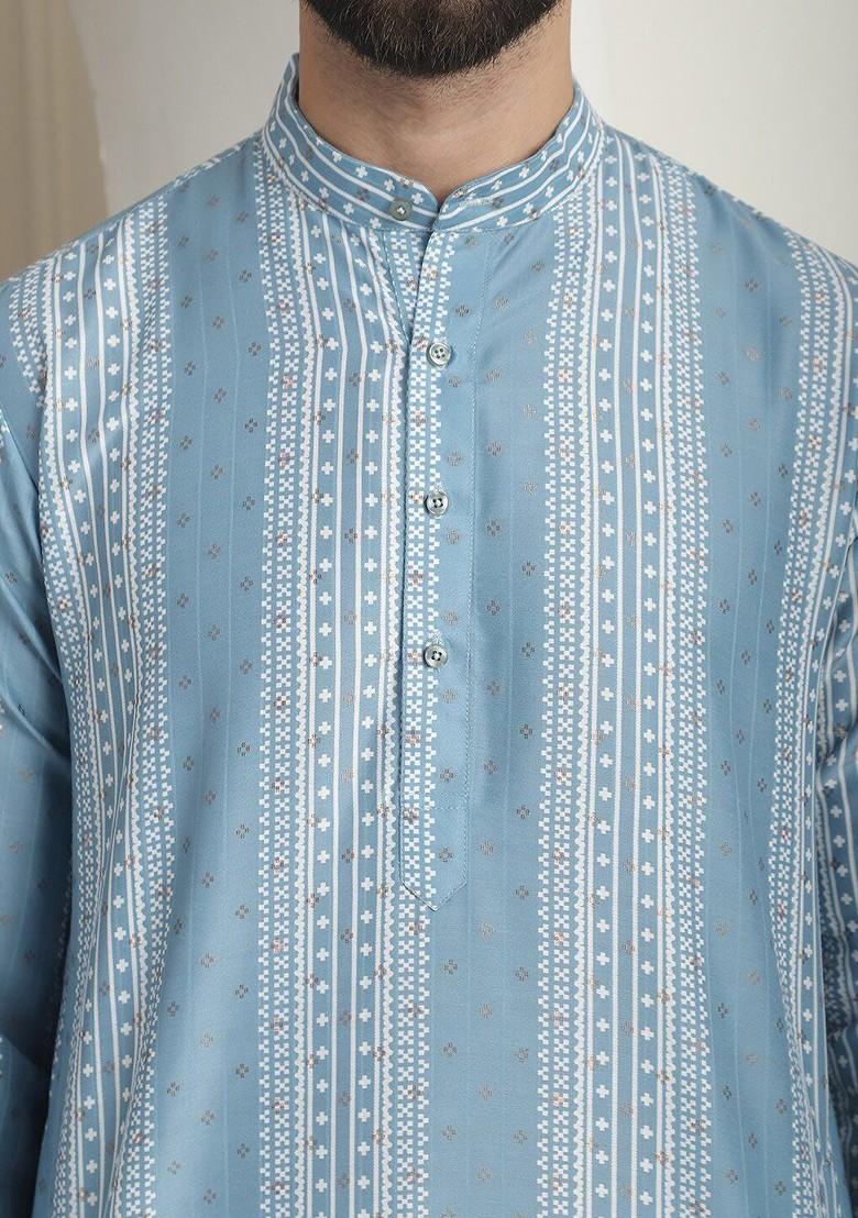 Teal Blue Striped Poly Blend Kurta Set For Men