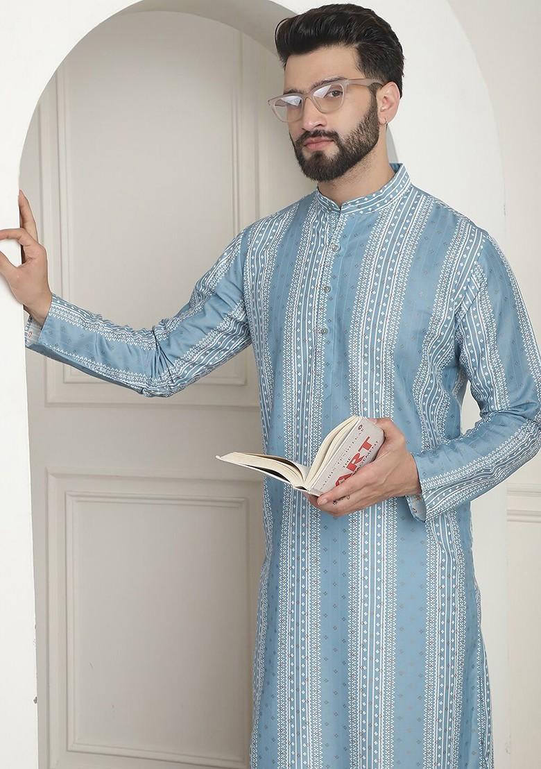Teal Blue Striped Poly Blend Kurta Set For Men