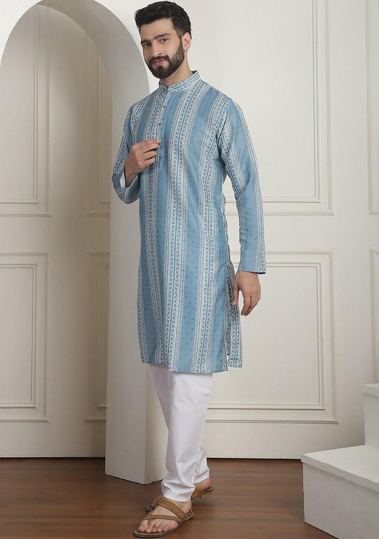 Teal Blue Striped Poly Blend Kurta Set For Men