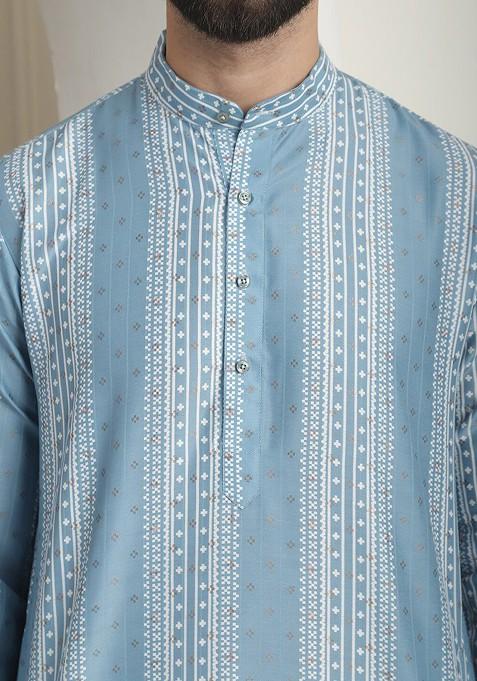 Teal Blue Striped Poly Blend Kurta Set For Men