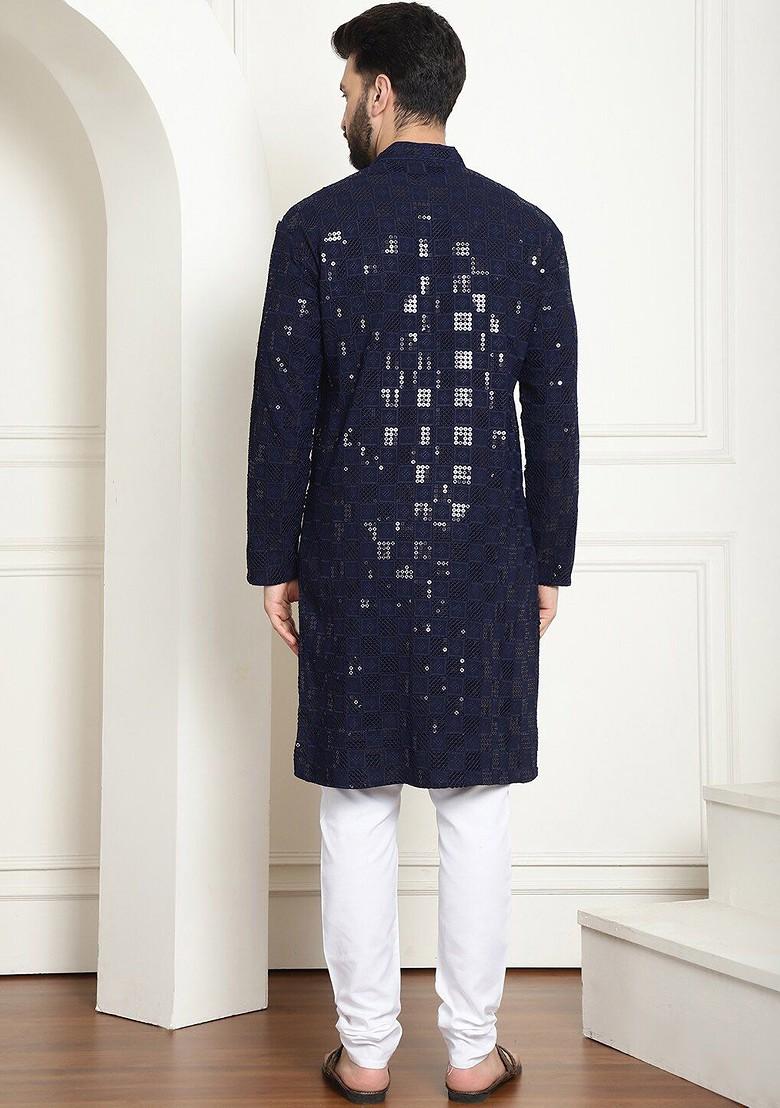 Navy Blue Embroidered Cotton Kurta Set For Men