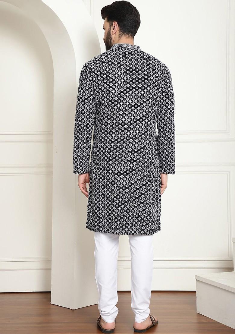Black Thread Work Cotton Kurta Set For Men