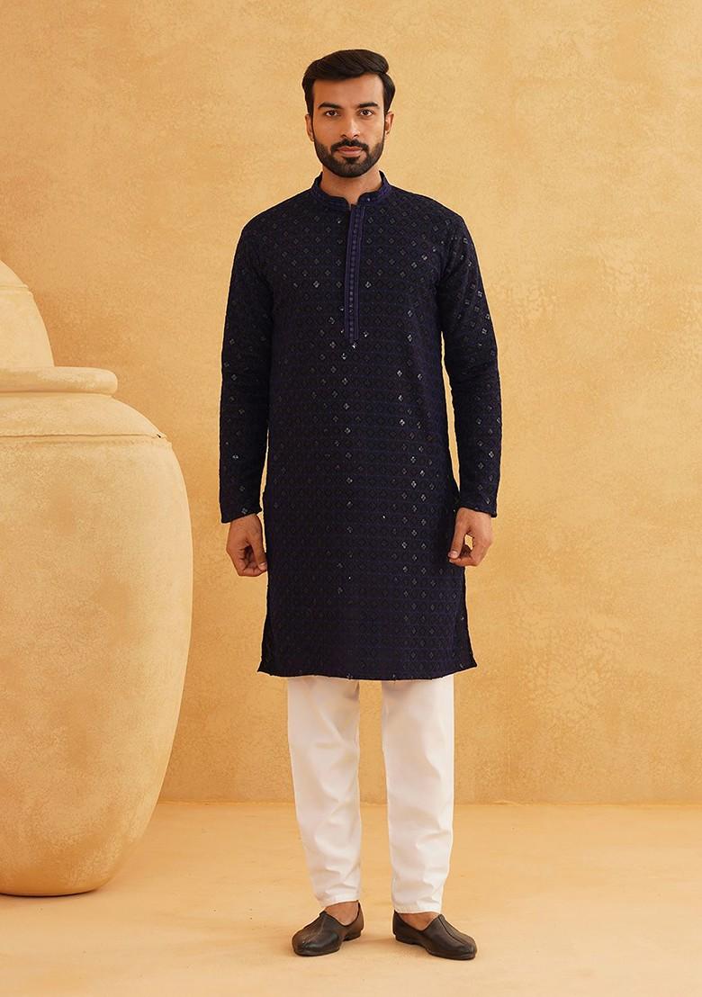 Navy Blue Embroidered Cotton Kurta Set For Men