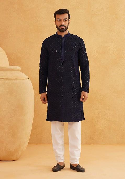 Navy Blue Embroidered Cotton Kurta Set For Men