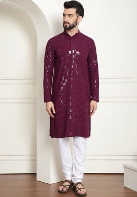 Purple Embroidered Cotton Kurta Set For Men