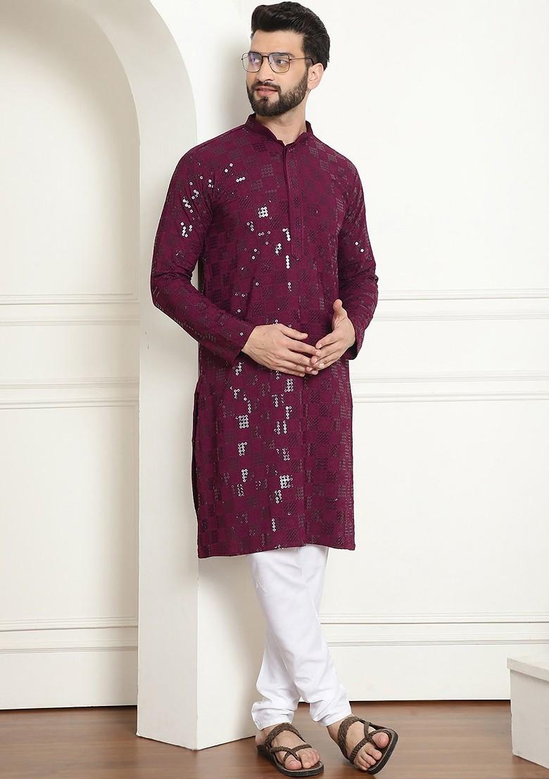 Purple Embroidered Cotton Kurta Set For Men
