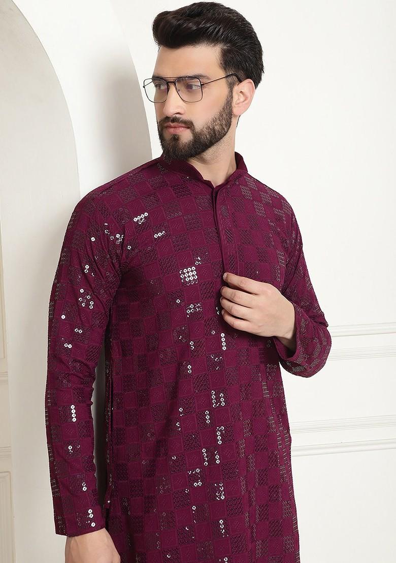 Purple Embroidered Cotton Kurta Set For Men