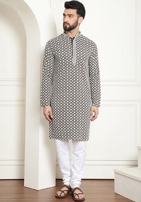 White Thread Work Cotton Kurta Set For Men