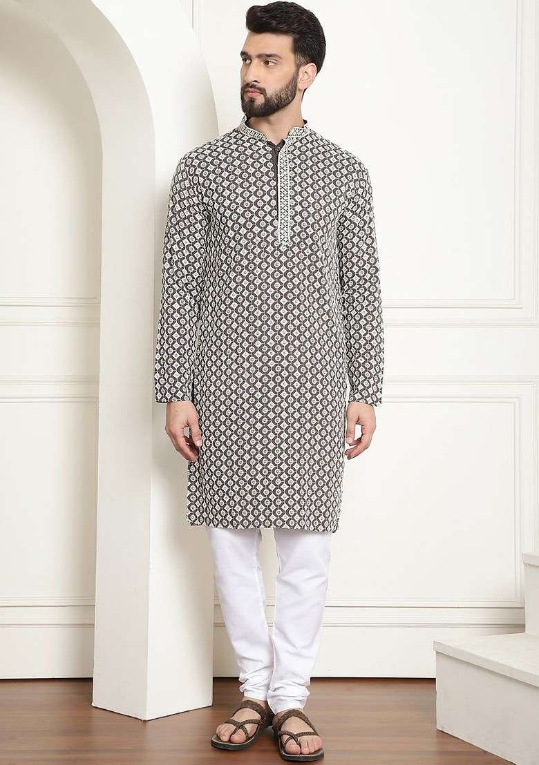 White Thread Work Cotton Kurta Set For Men - Indya