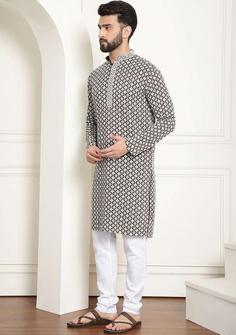 White Thread Work Cotton Kurta Set For Men - Indya