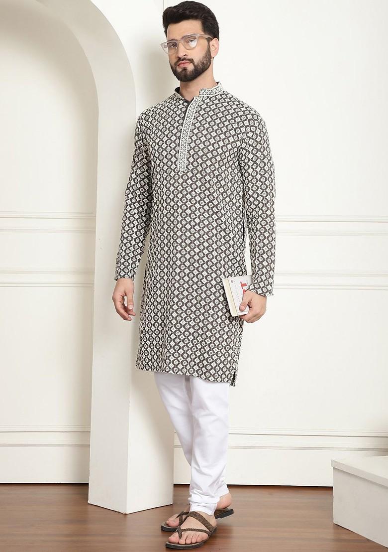 White Thread Work Cotton Kurta Set For Men