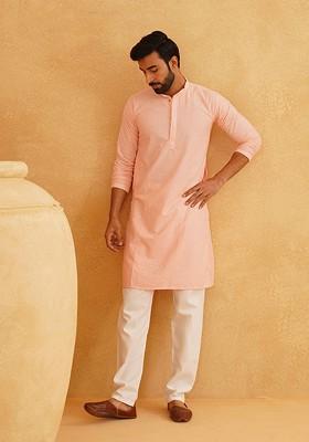 Peach Thread Work Cotton Kurta Set For Men
