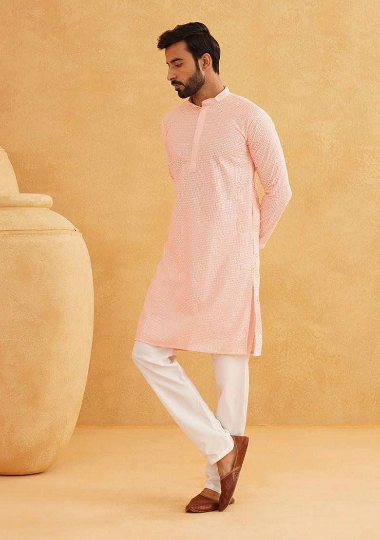 Peach Thread Work Cotton Kurta Set For Men