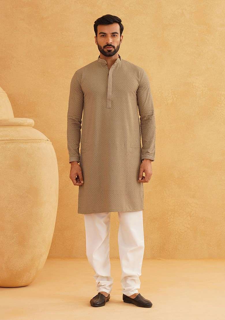 Coffee Brown Thread Work Cotton Kurta Set For Men - Indya