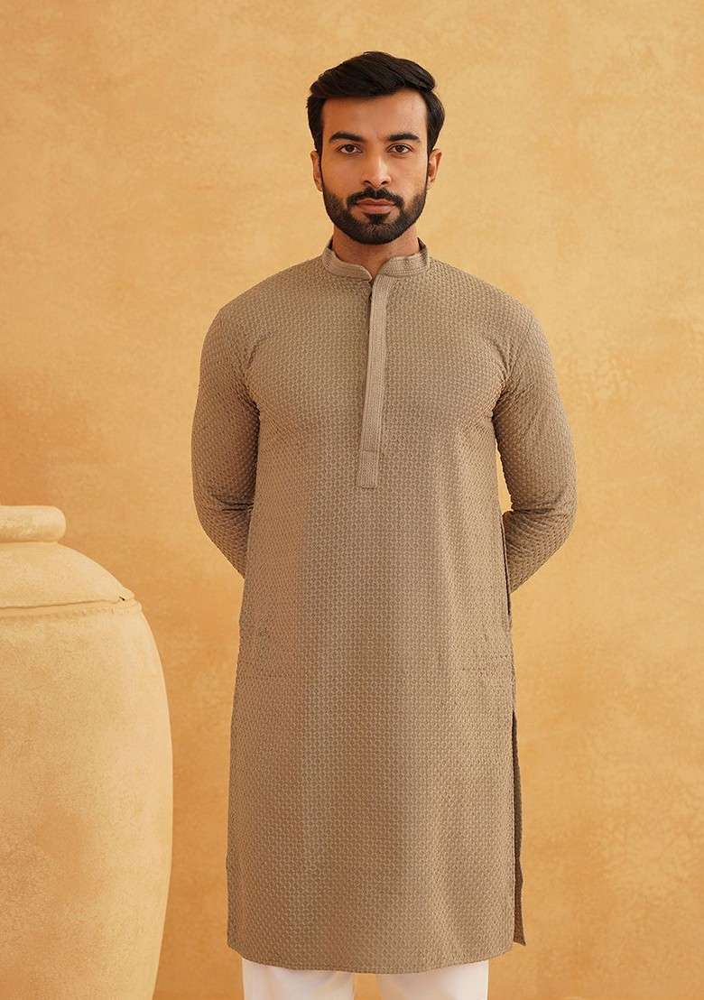 Coffee Brown Thread Work Cotton Kurta Set For Men - Indya