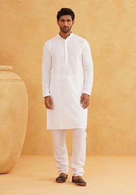 White Embroidered Cotton Kurta Set For Men