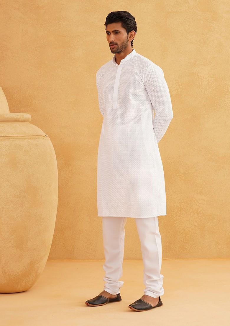 White Embroidered Cotton Kurta Set For Men