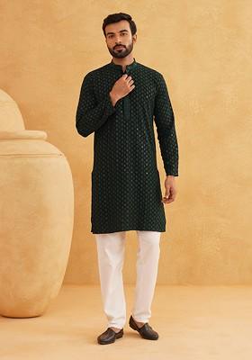 Green Thread Work Cotton Kurta Set For Men