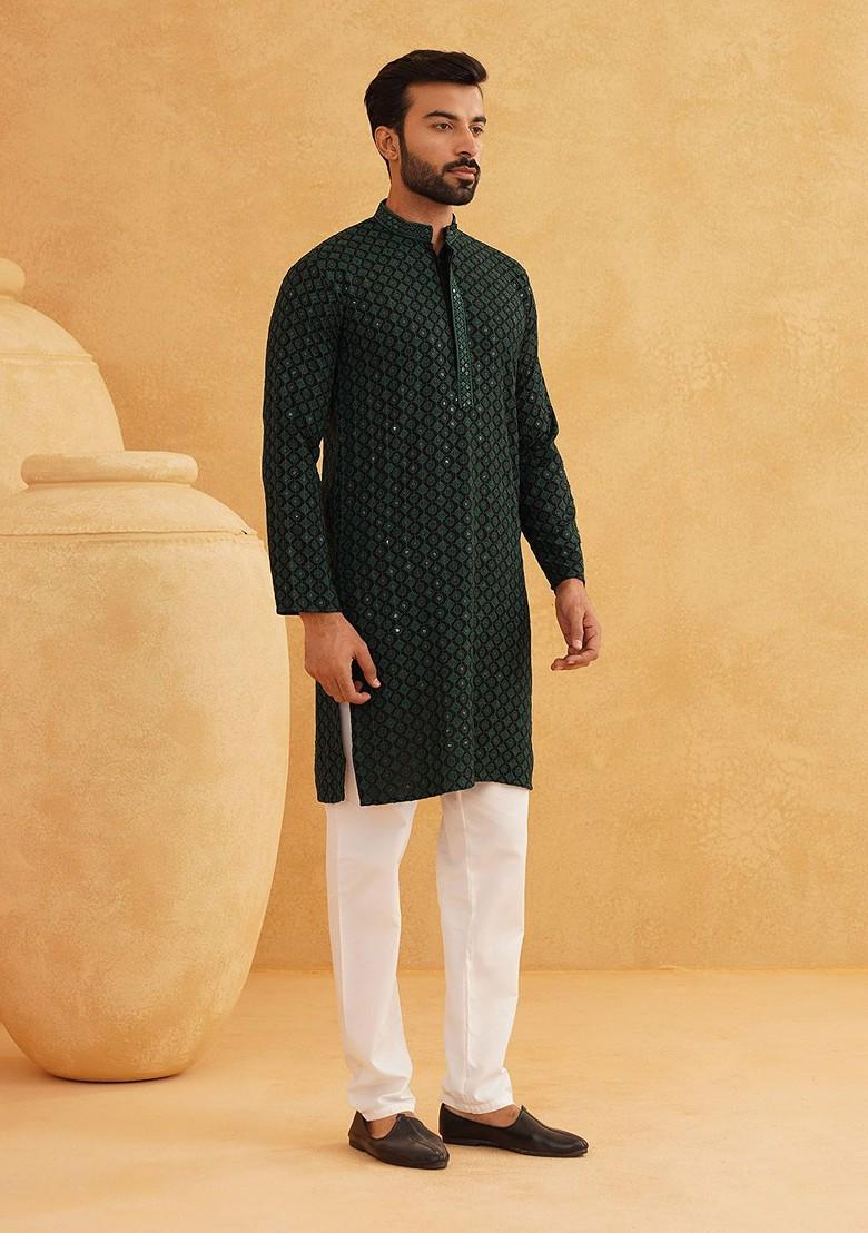 Green Thread Work Cotton Kurta Set For Men