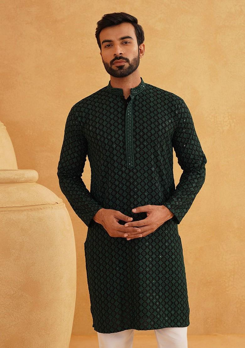 Green Thread Work Cotton Kurta Set For Men