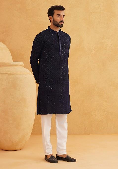 Navy Blue Thread Work Cotton Kurta Set For Men