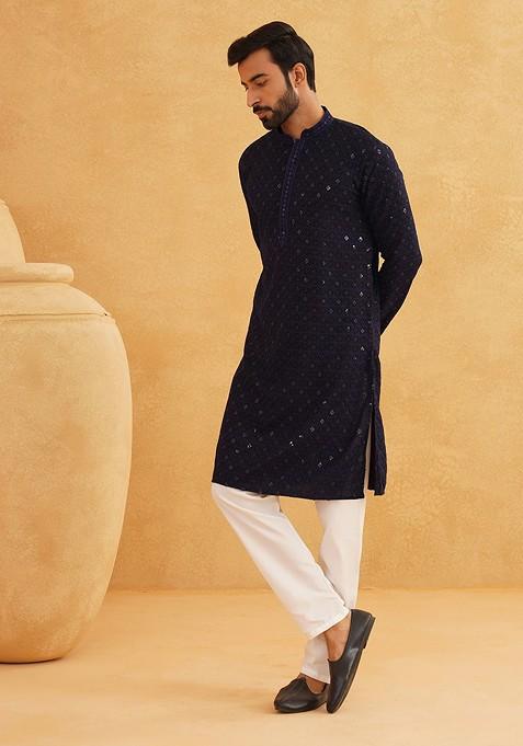 Navy Blue Thread Work Cotton Kurta Set For Men