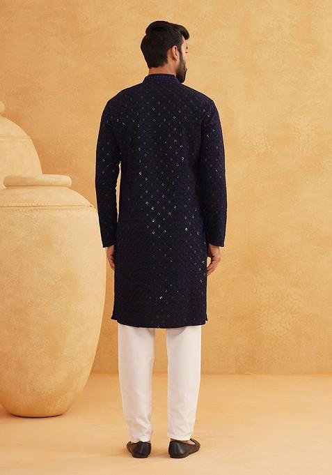 Navy Blue Thread Work Cotton Kurta Set For Men