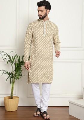 Beige Thread Work Cotton Kurta Set For Men