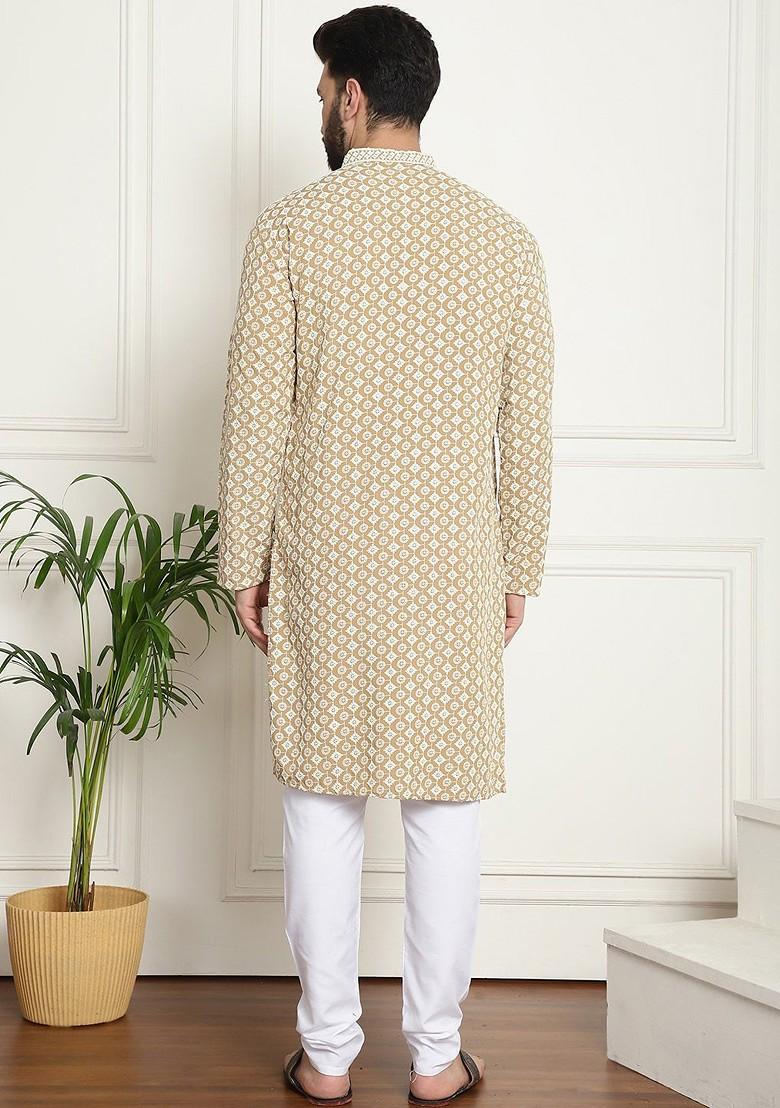 Beige Thread Work Cotton Kurta Set For Men