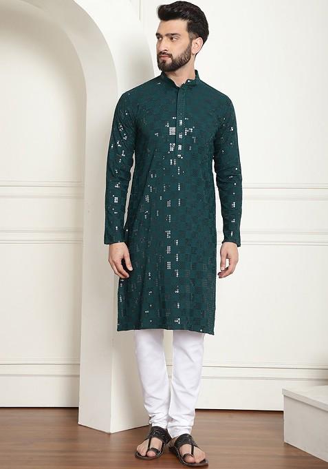 Green Embroidered Cotton Kurta Set For Men