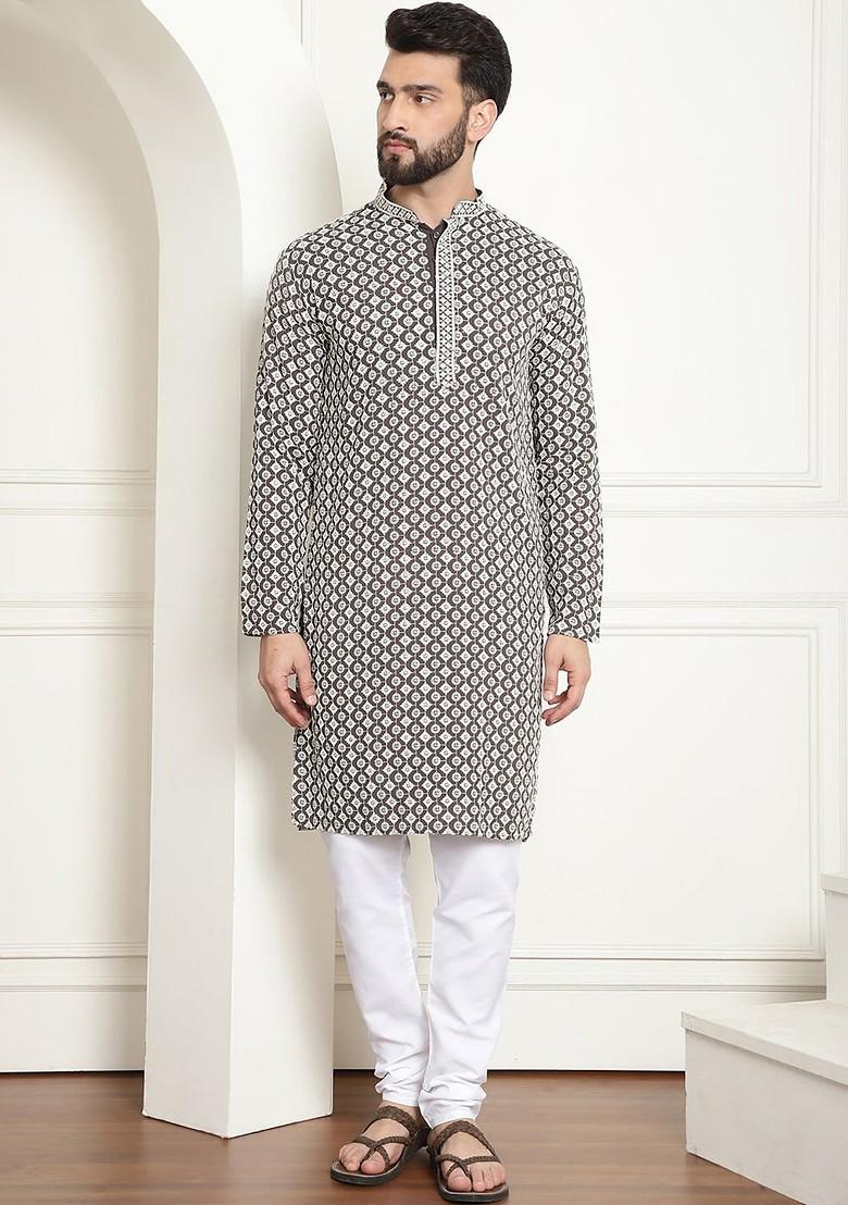 White Embroidered Cotton Kurta Set For Men