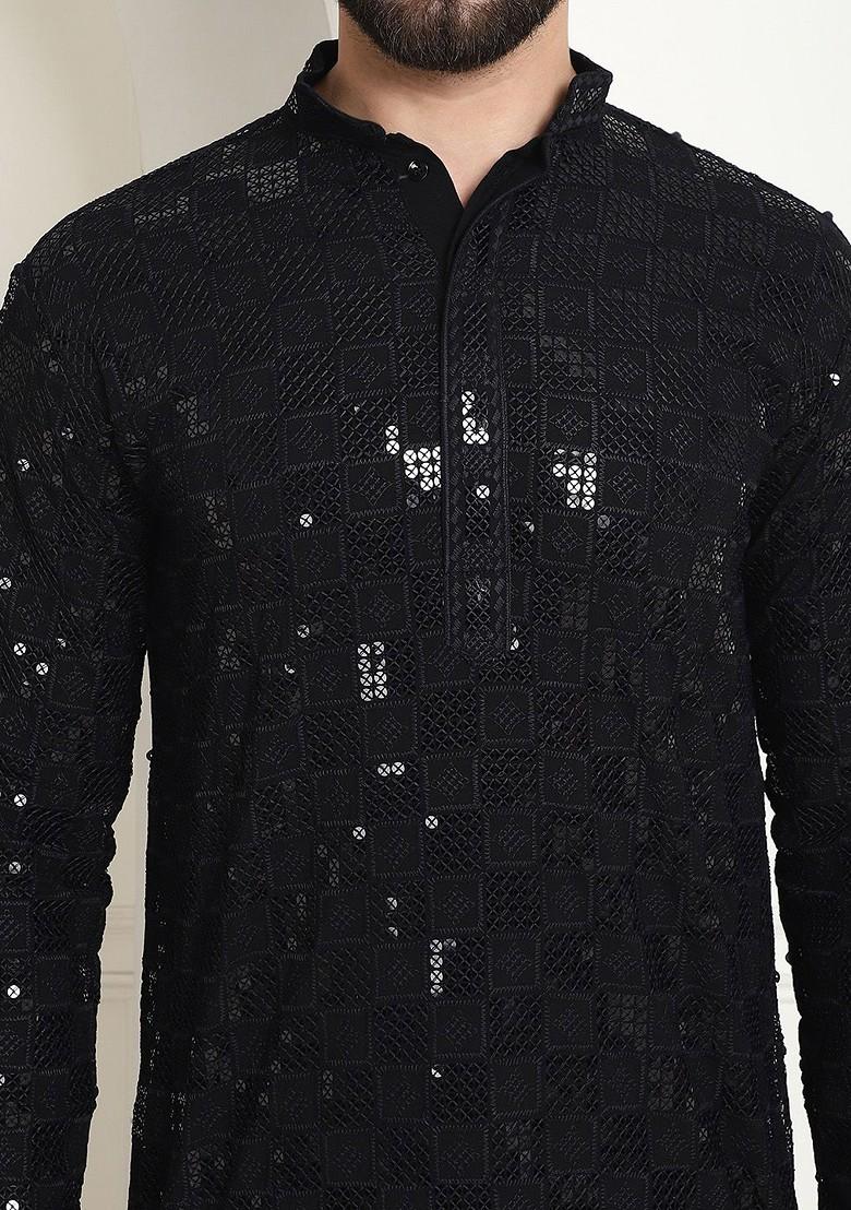 Black Embroidered Cotton Kurta Set For Men