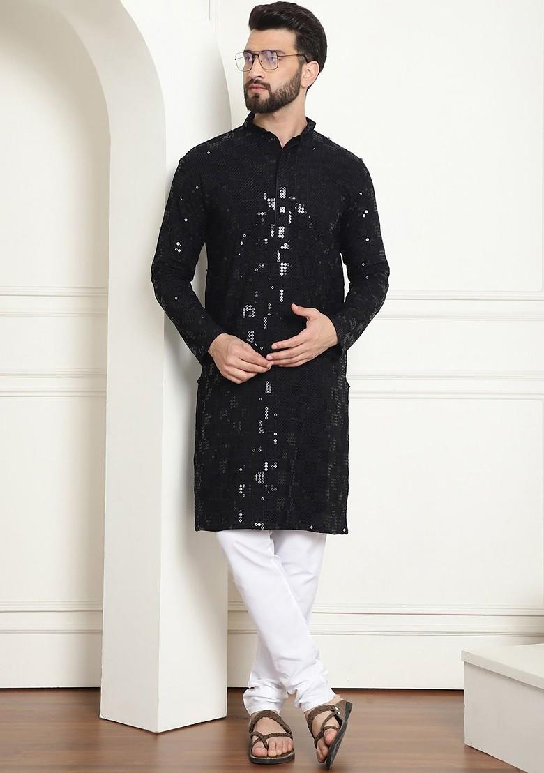 Black Embroidered Cotton Kurta Set For Men