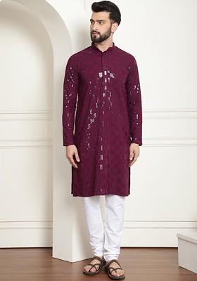 Purple Embroidered Cotton Kurta Set For Men