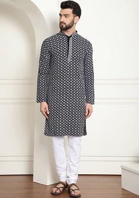 Grey Thread Work Cotton Kurta Set For Men